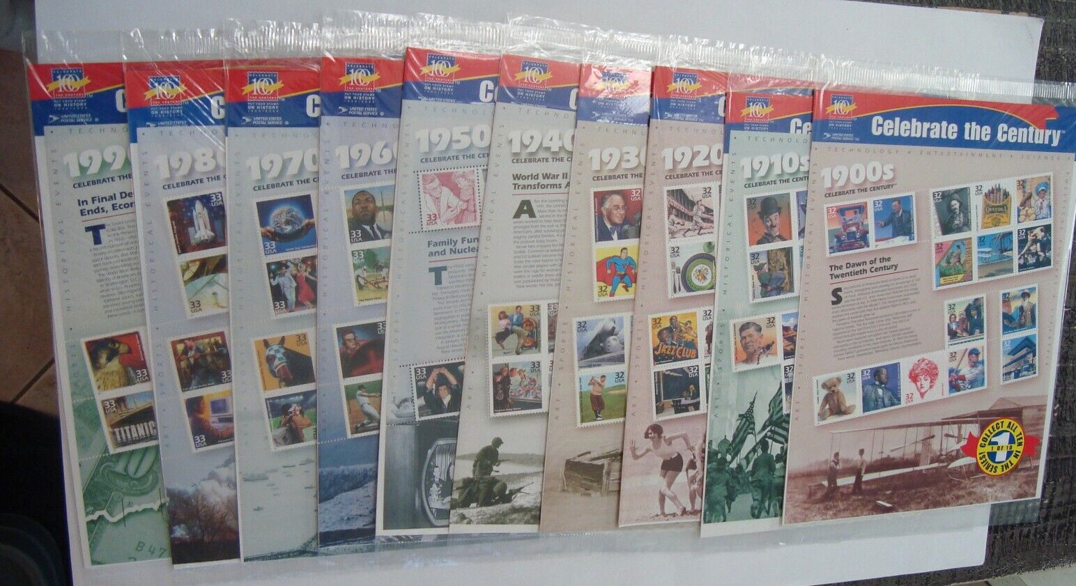 USPS CELEBRATE THE CENTURY 10 Postage Stamp sheets 1900-1990s — complete set