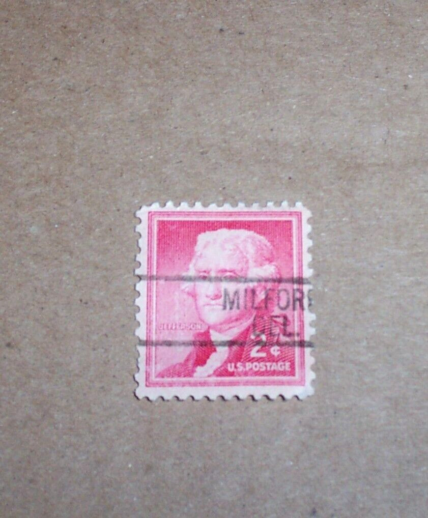 US Postage Stamp Thomas Jefferson 2 cent Red 1950s Posted Milford Delaware
