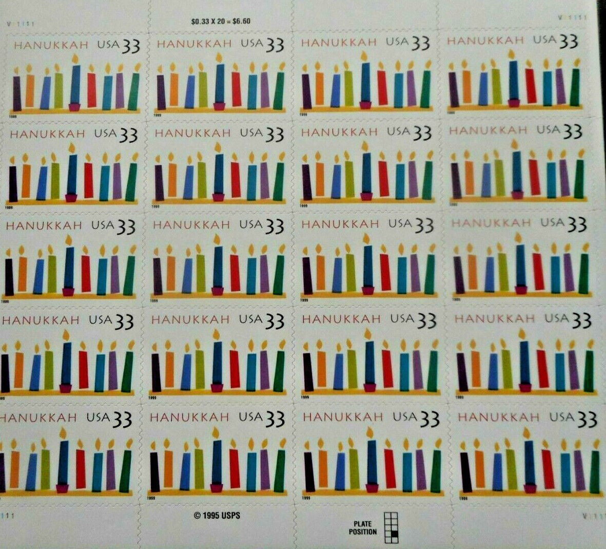 Three Panes x 20 = 60 of HANUKKAH 33¢ Jewish candles US Postage Stamps. USA 3352