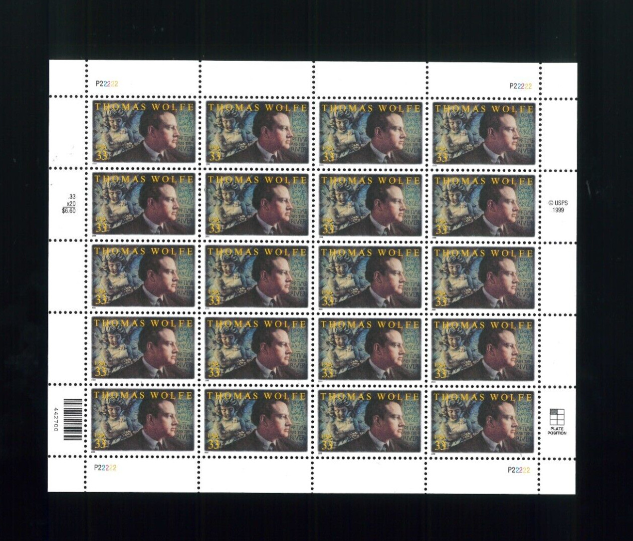 United States 33¢ Writer Thomas Wolfe Postage Stamp #3444 MNH Full Sheet