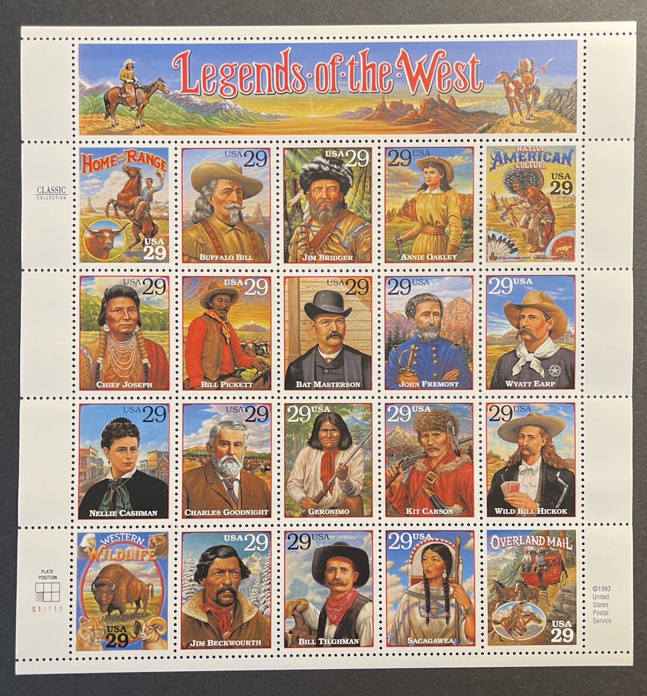 Legends of the West US Postage 29c 20 Stamps Full Page Mint 1993
