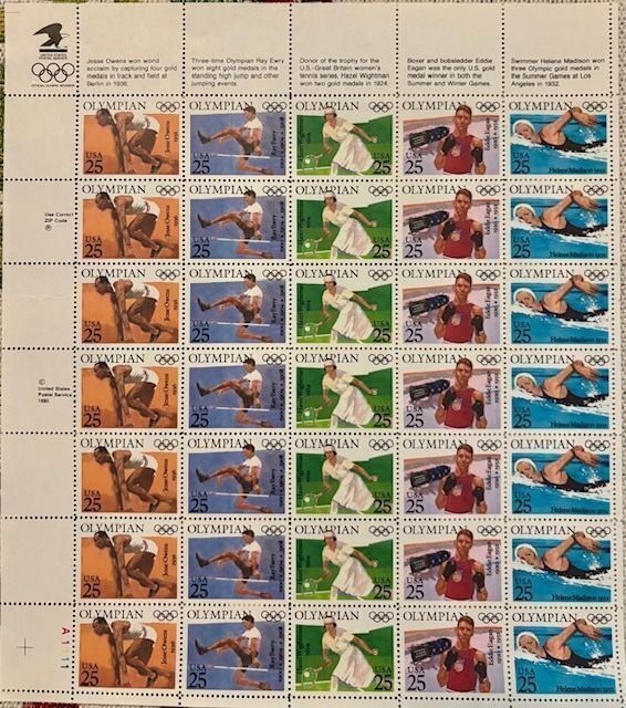 US SCOTT 2496 – 2500 PANE OF 35 OLYMPIAN STAMPS 25 CENT FACE MNH