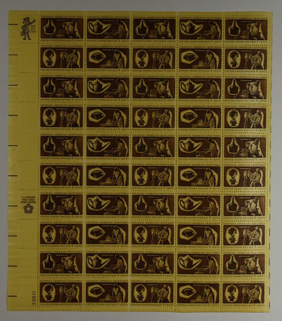 US SCOTT 1456-1459 PANE OF 50 COLONIAL AMERICAN CRAFTSMEN STAMPS 8 CENT FACE MNH