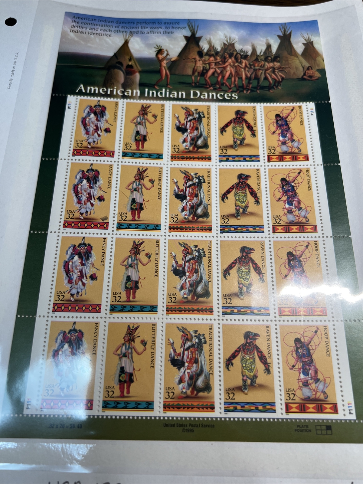 Scott#3072-76 Sheet of 20 AMERICAN INDIAN DANCE 32 Cent Stamps-MNH-1996