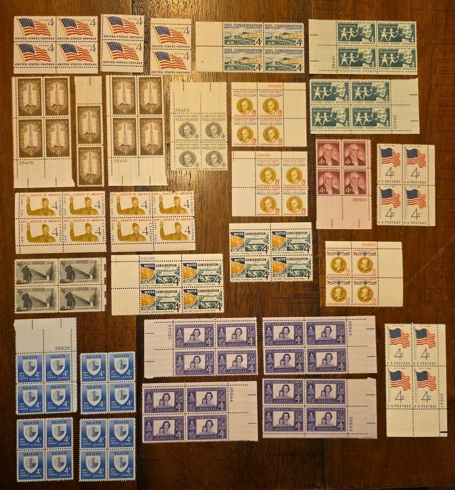 U.S. 4¢ Stamp Blocks – Flags, Monuments, Conservation, SEATO, Eisenhower T
