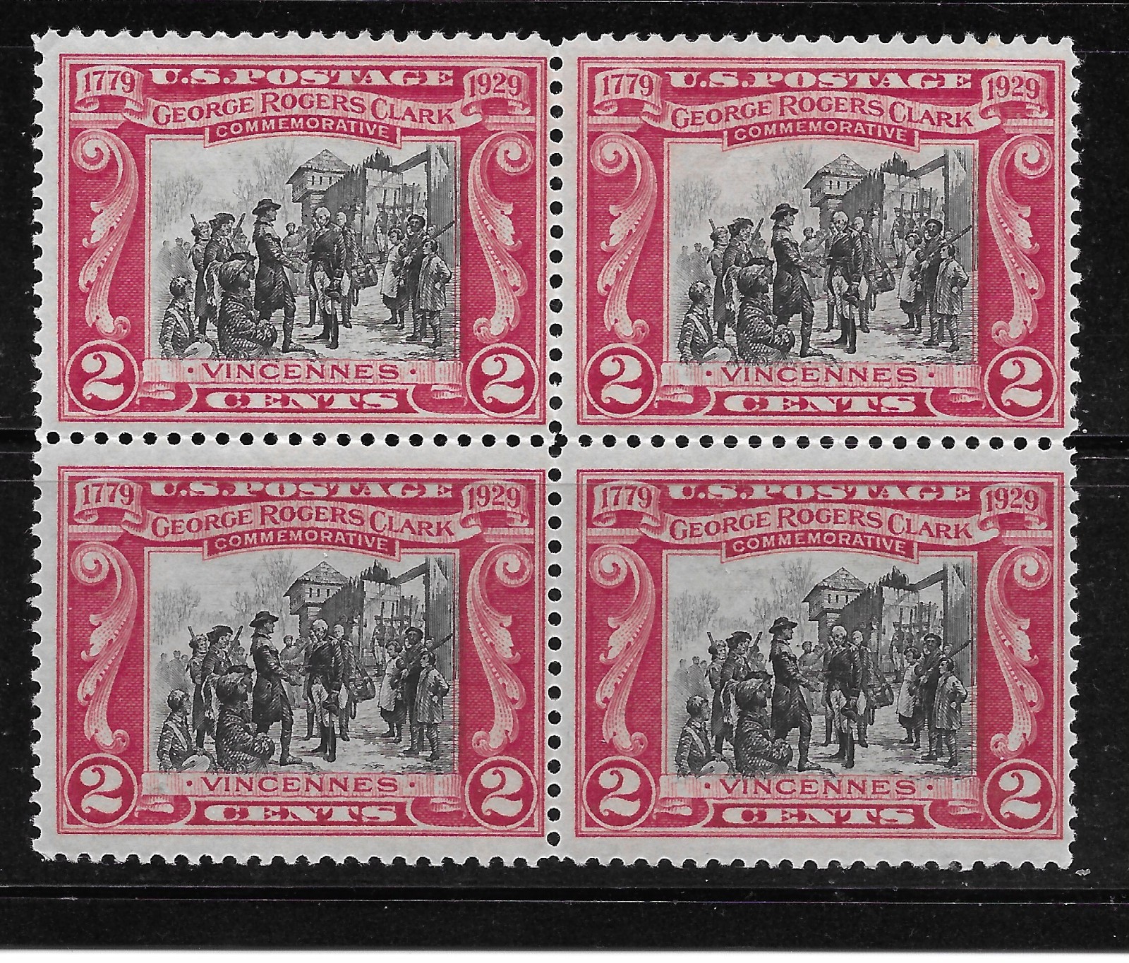 U S Postage Stamps – 2c 1929 George Rogers Clarke Block of 4 – F/VF MH