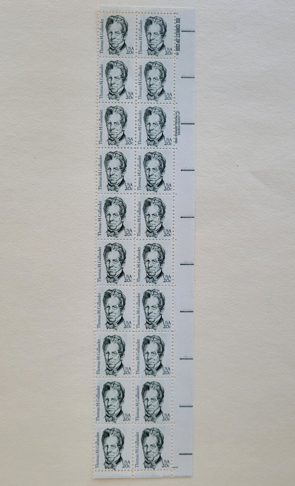 Great Americans Thomas Hopkins Gallaudet US Postage Stamps Block of 20 Sc #1861
