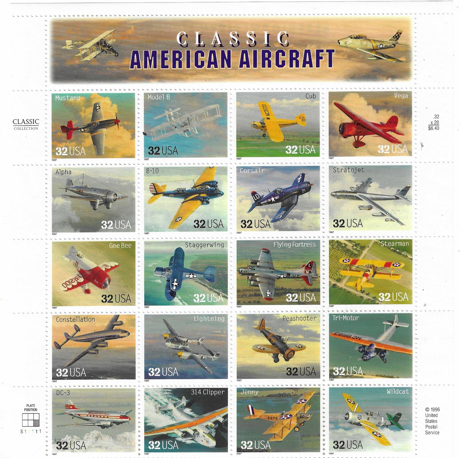Stamp. USA. Sheets x 20 of CLASSIC AMERICAN AIRCRAFT 32¢. Sc # 3142 (440).