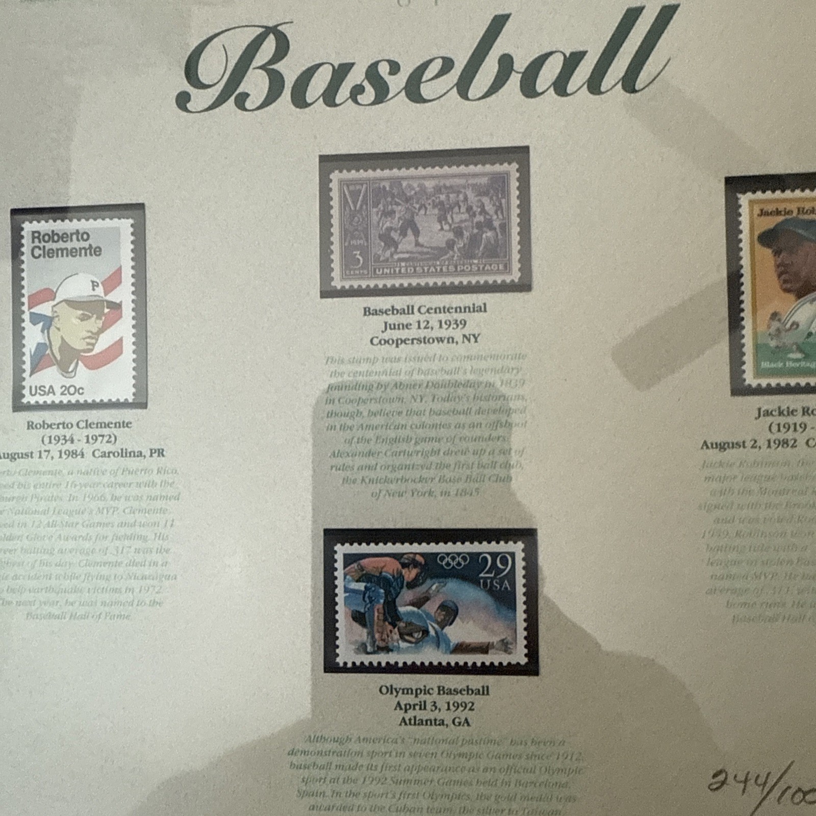 Framed The National Pastime Baseball Stamps set of 7 stamps limited ed 244/10000
