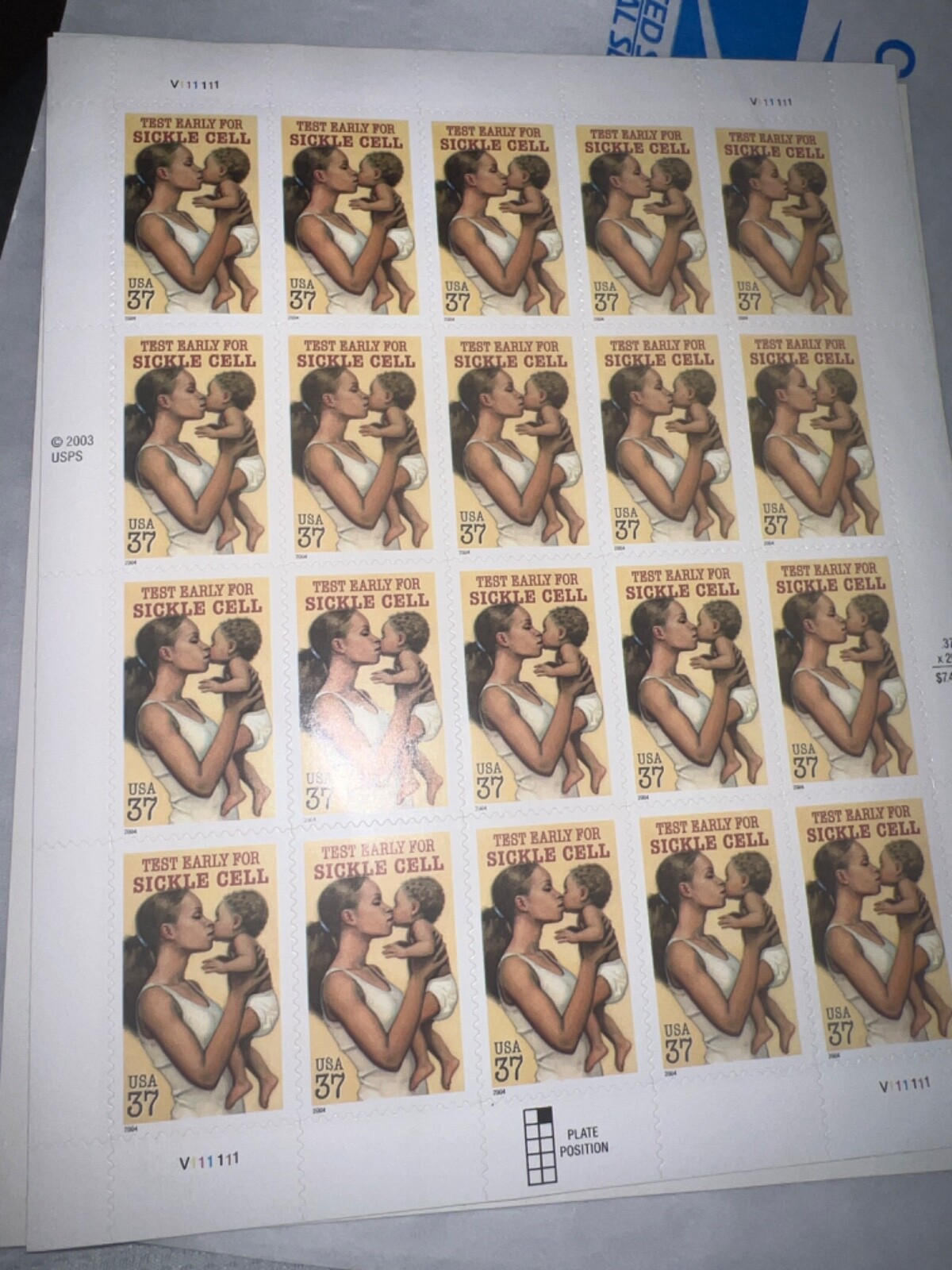 See Photos. US Stamps SCOTT 3877 PANE OF 20 TEST EARLY FOR SICKLE CELL STAMPS 37
