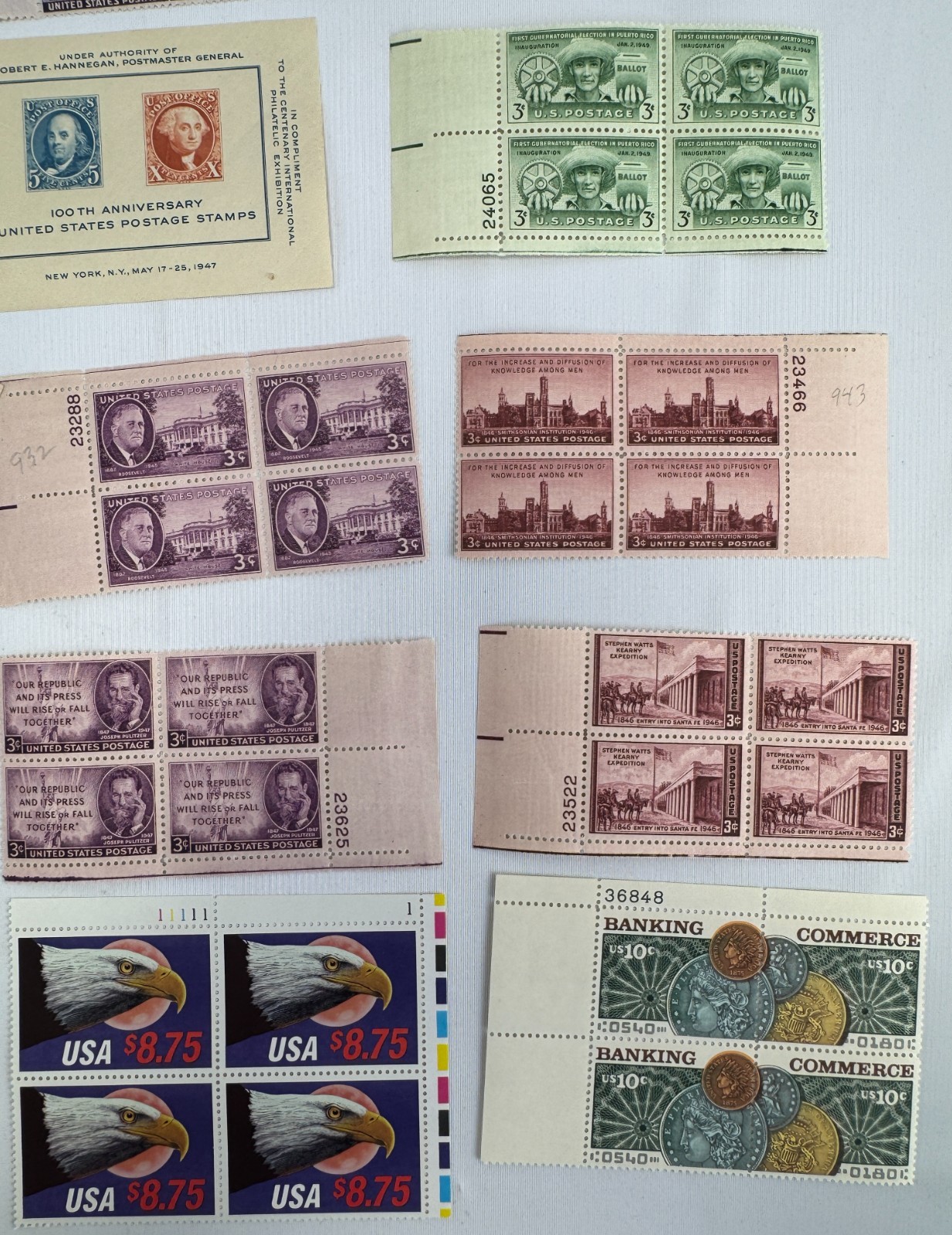 13 Mint US Plate Blocks and Souvenir Sheet Collection 1944-2000 Famous Americans