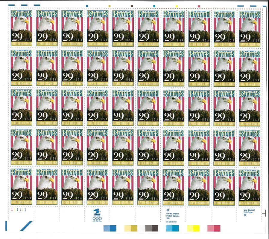 US SCOTT 2534 PANE OF 50 SAVINGS BOND STAMPS 29 CENT FACE MNH