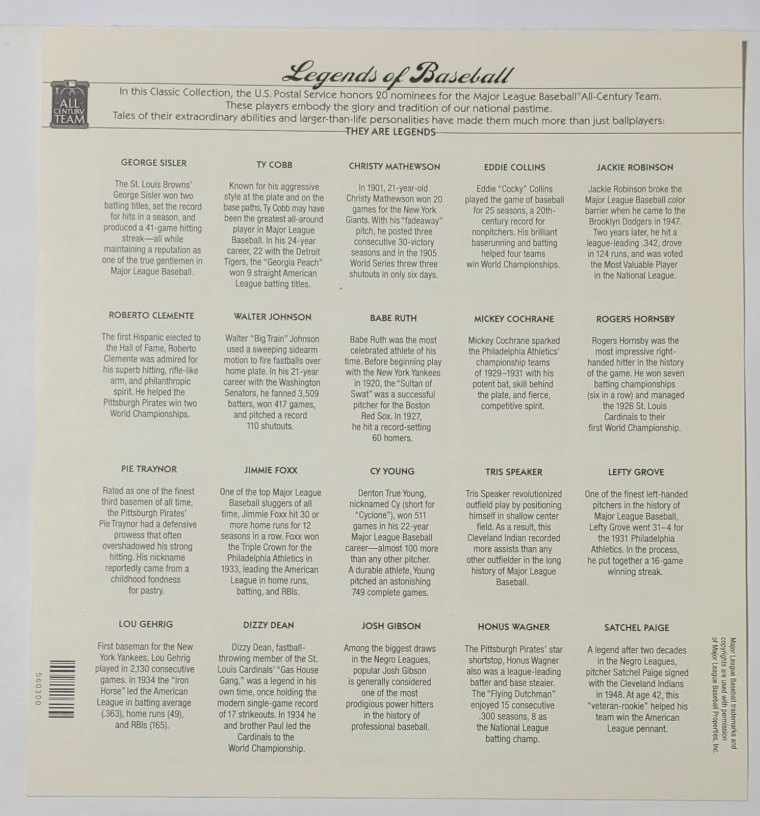 Scott #3408 Legends of Baseball Pane of 20 32¢ Stamps (2000) – MNH