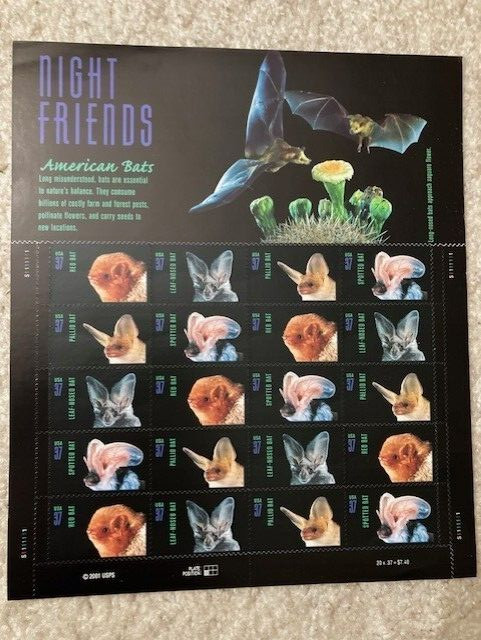 US SCOTT 3661 – 3664a SHEET OF 20 NIGHT FRIENDS AMERICAN BATS STAMPS 37 CENT MNH