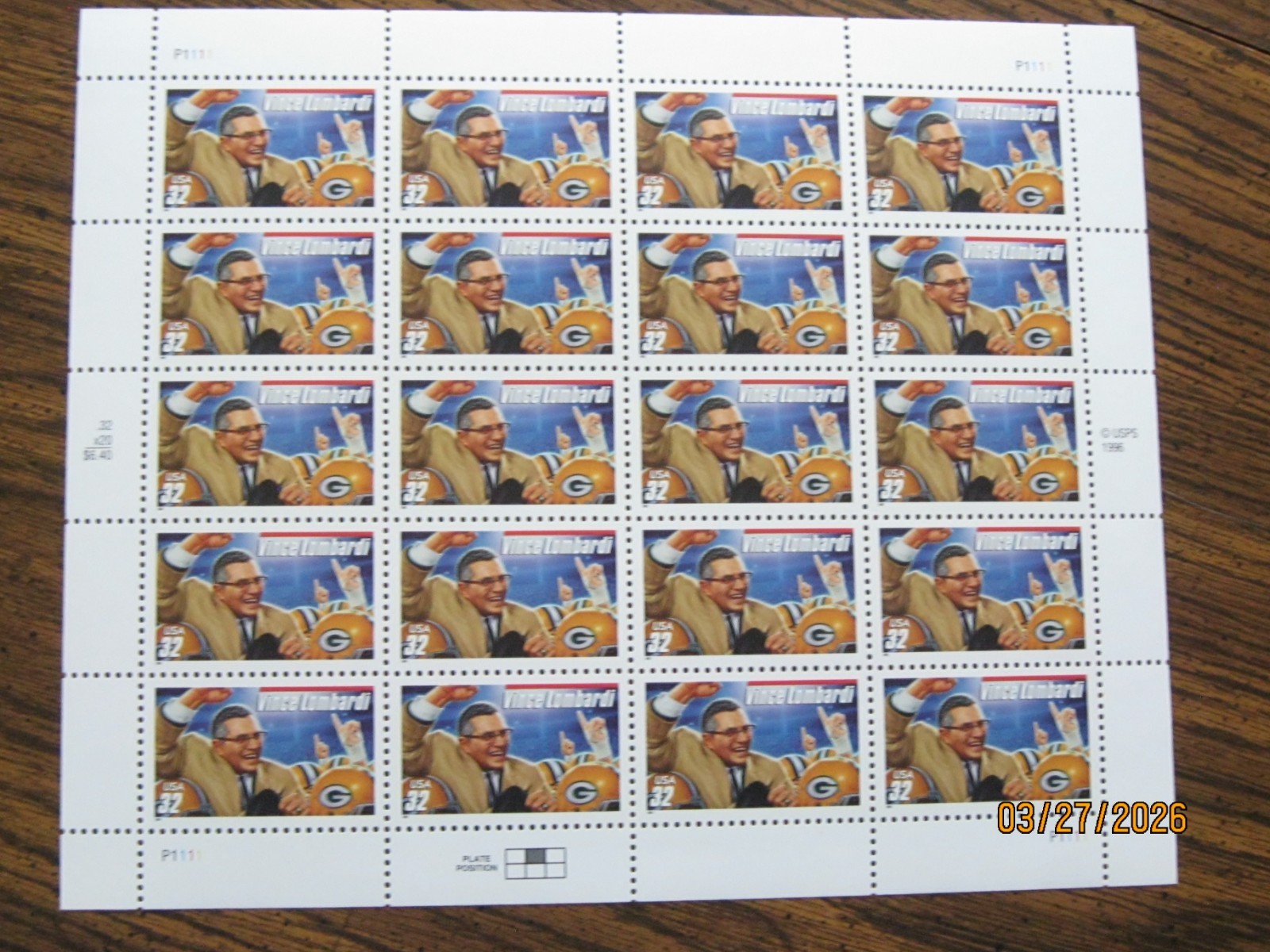 1996 LEGENDARY FOOTBALL COACHES UNCUT USPS PRESENTATION BLOCK OF 20 STAMPS