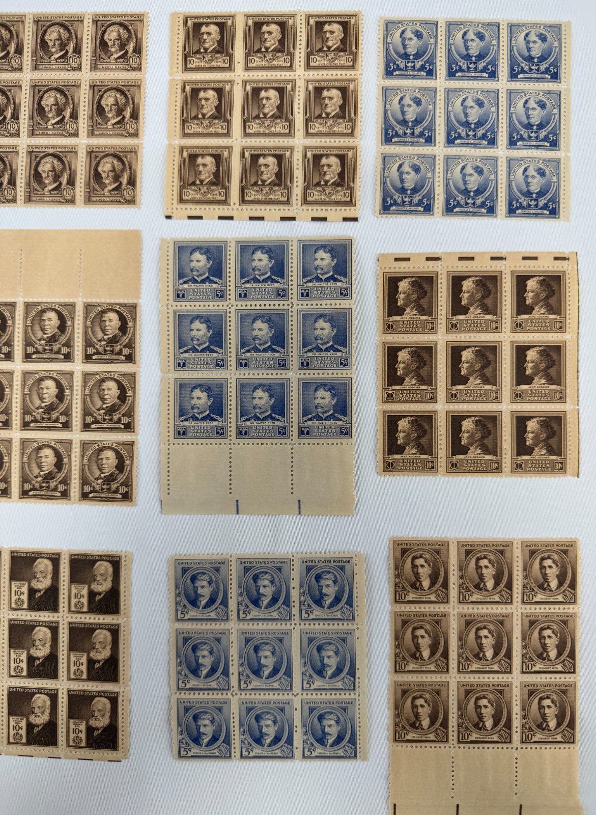 Lot of 9 Mint Never Hinged USPS Stamp Blocks 1940–1949 Famous Americans