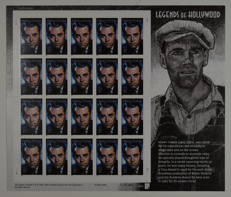 US SCOTT 3911 PANE OF 20 HENRY FONDA STAMPS 37 CENT MNH