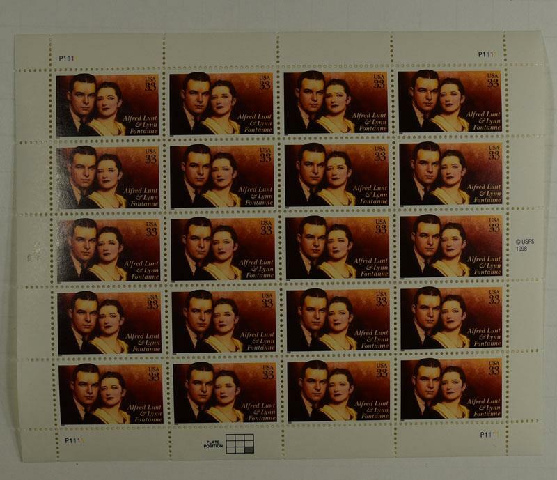 US SCOTT 3287 PANE OF 20 LUNT & FONTANNE 33 CENTS FACE MNH