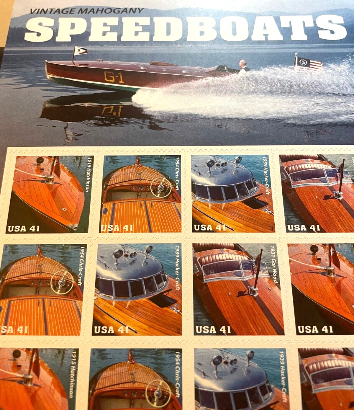 VINTAGE MAHOGANY SPEEDBOATS PANE OF (12) 41 CENT STAMPS $4.92 USPS SCOTT 461840