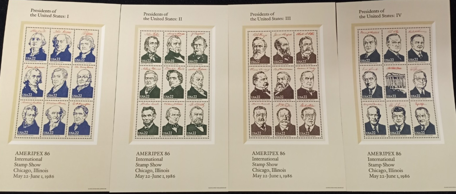 USA S/S + Cover — 1986 Complete Set Presidents of the US Ameripex ’86 #2216-2219
