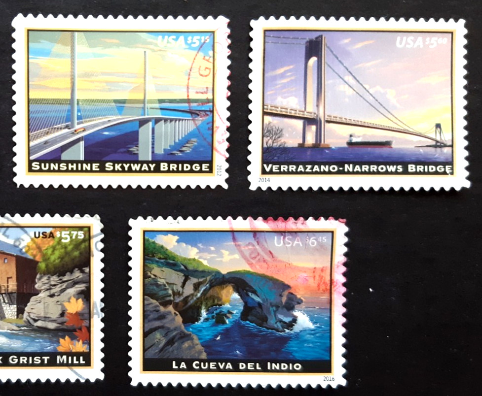 🔥5 US PRIORITY MAIL High Value Stamps ~ AMERICAN LANDMARKS ~ Used, Off Paper XF