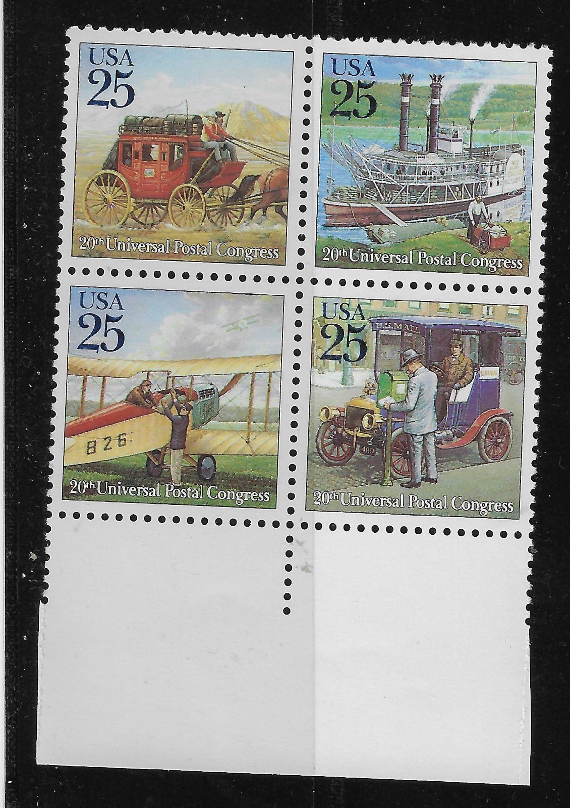 Scott # 2434-2438, 20th Universal Postal Congress Mail, 25 Cent, block, 1988