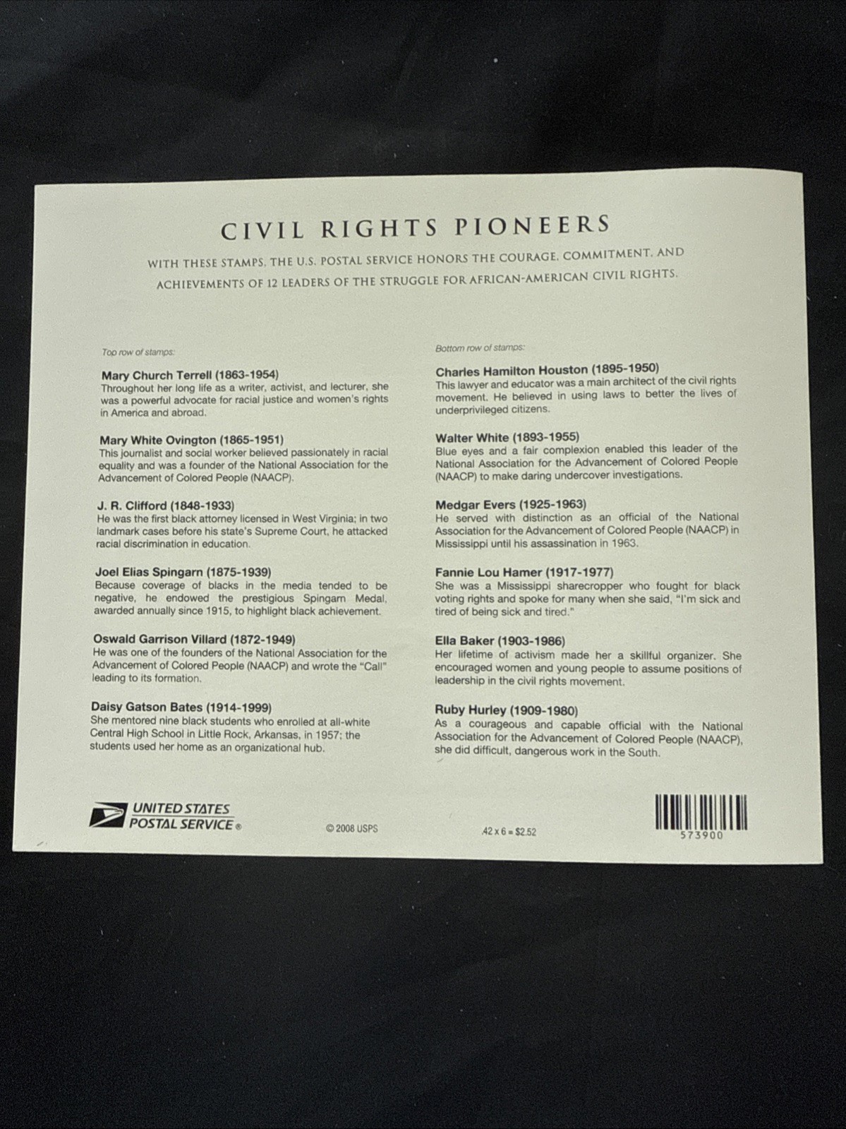 US SCOTT 4384 PANE OF 6 CIVIL RIGHTS PIONEERS STAMPS 42 CENT FACE MNH