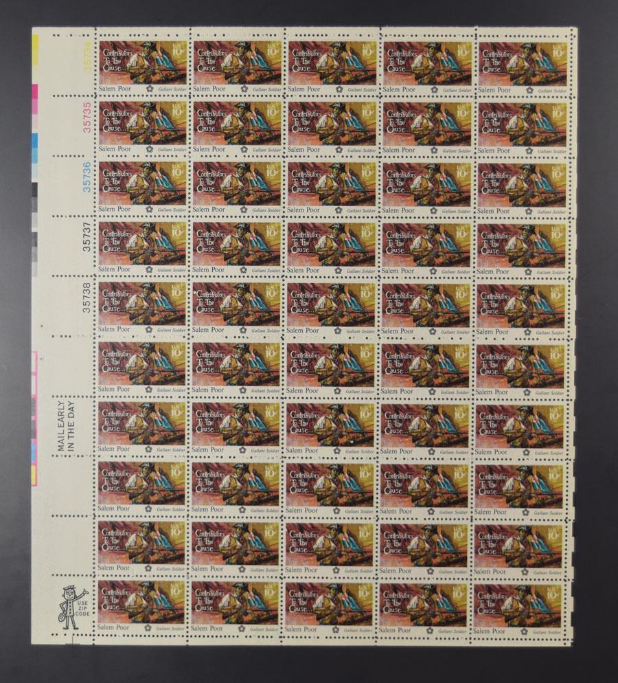 US SCOTT 1560 PANE OF 50 SALEM POOR GALLANT SOLDIER STAMPS 10 CENT FACE MNH