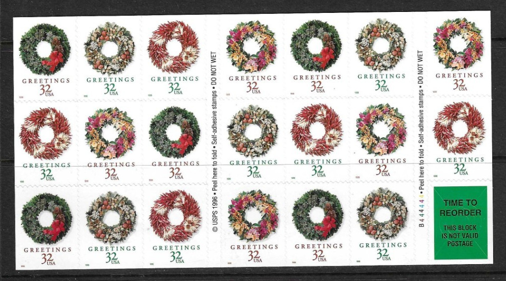 USA SC # 3252c Christmas 1998 , Wreaths / Pane of 20 + Label . MNH