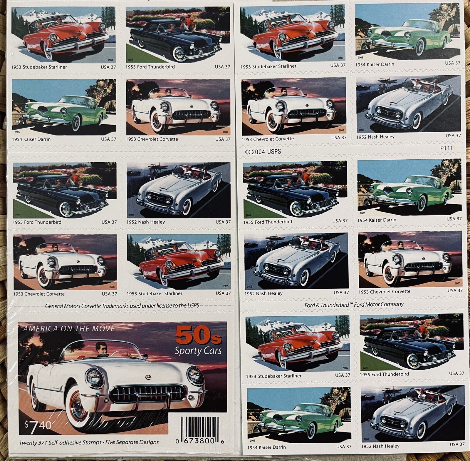 2005 US AMERICA ON THE MOVE 50’s SPORT CARS 2 PANES /BOOKLETS OF 20 STAMPS 37c