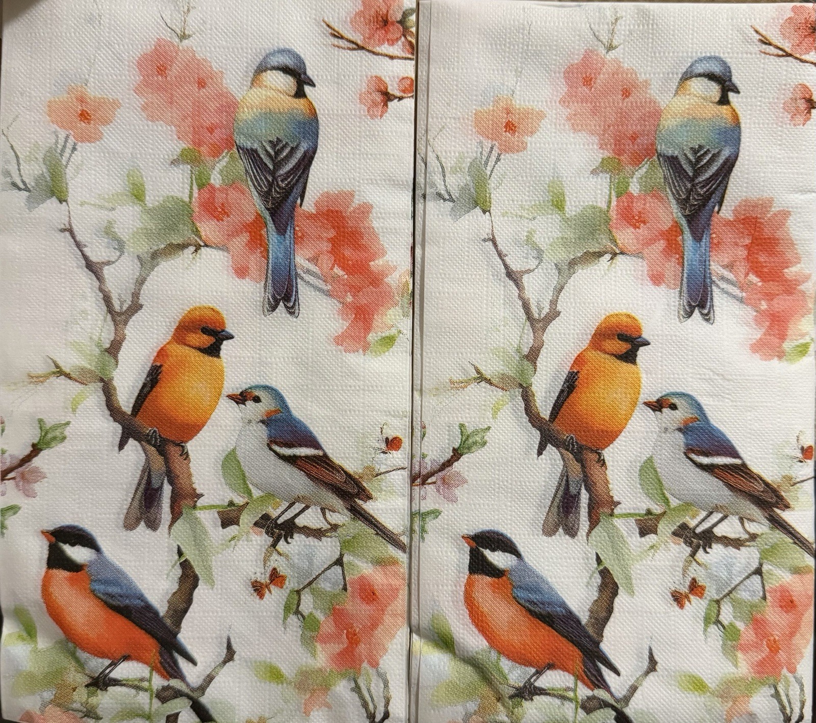 Two Individual dinner Decoupage Napkins Spring Floral Bullfinches Birds In Tree
