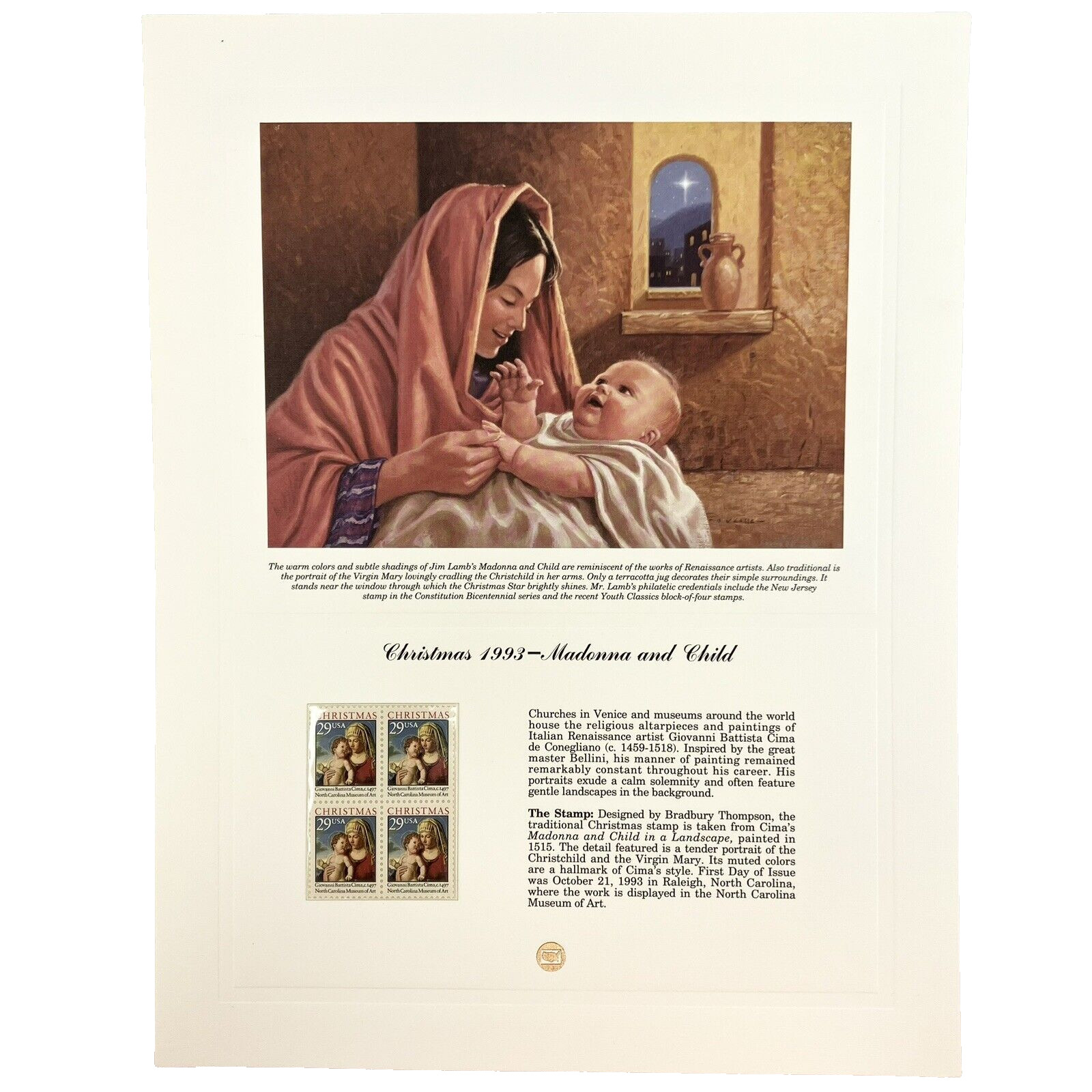 Jim Lamb Madonna & Child Christmas Postage Stamp Art USPS Farmable Gift 1993