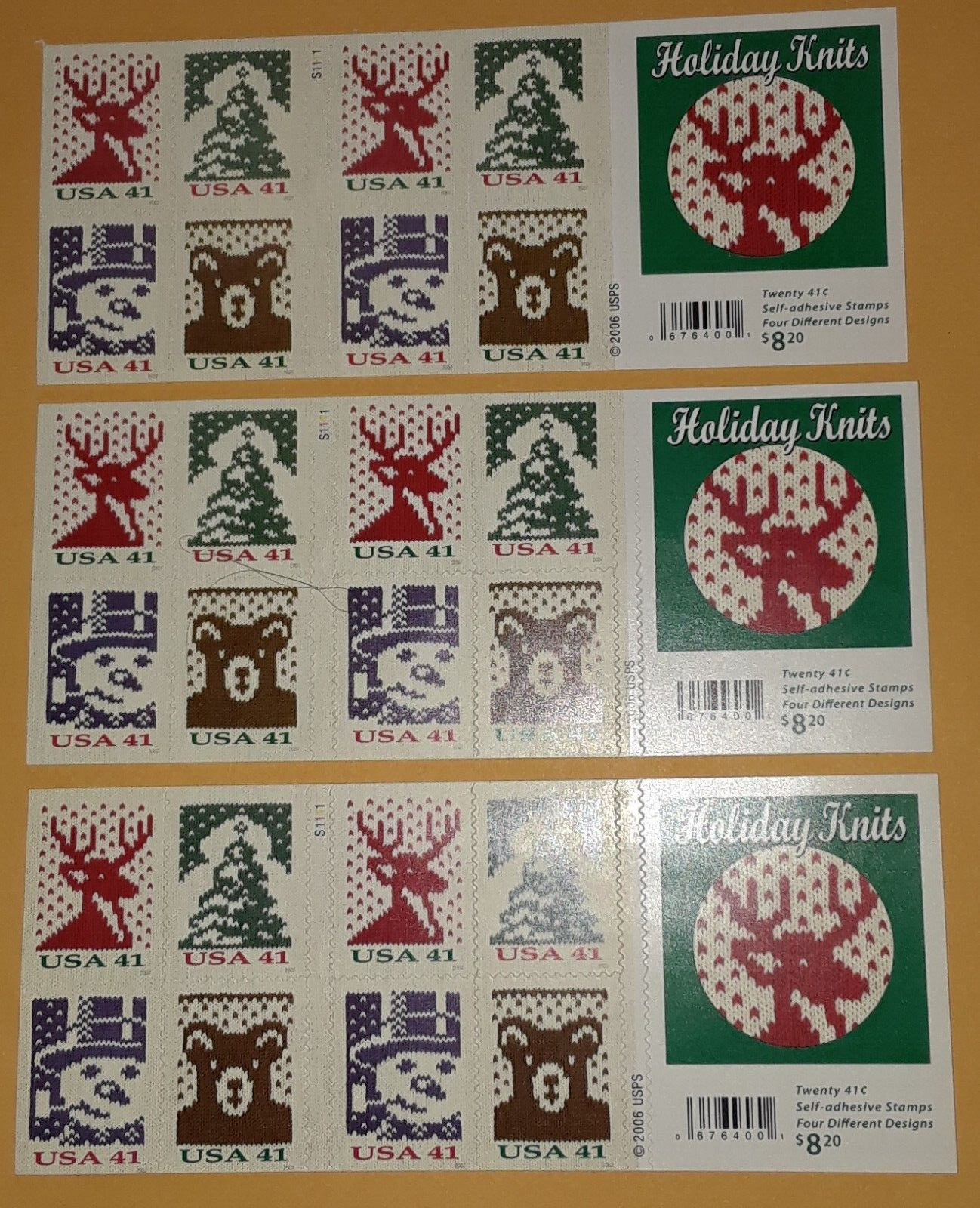 Three Booklets x 20 = 60 Of CHRISTMAS KNITS 41¢ US Postage Stamps. Sc 4211-4214