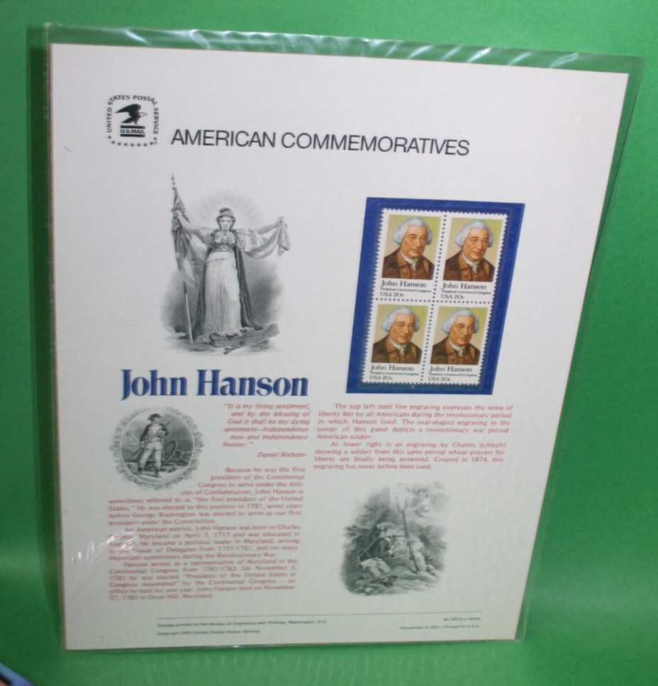 American Commemoratives John Hanson USPS Stamps Panel 155 November 5, 1981