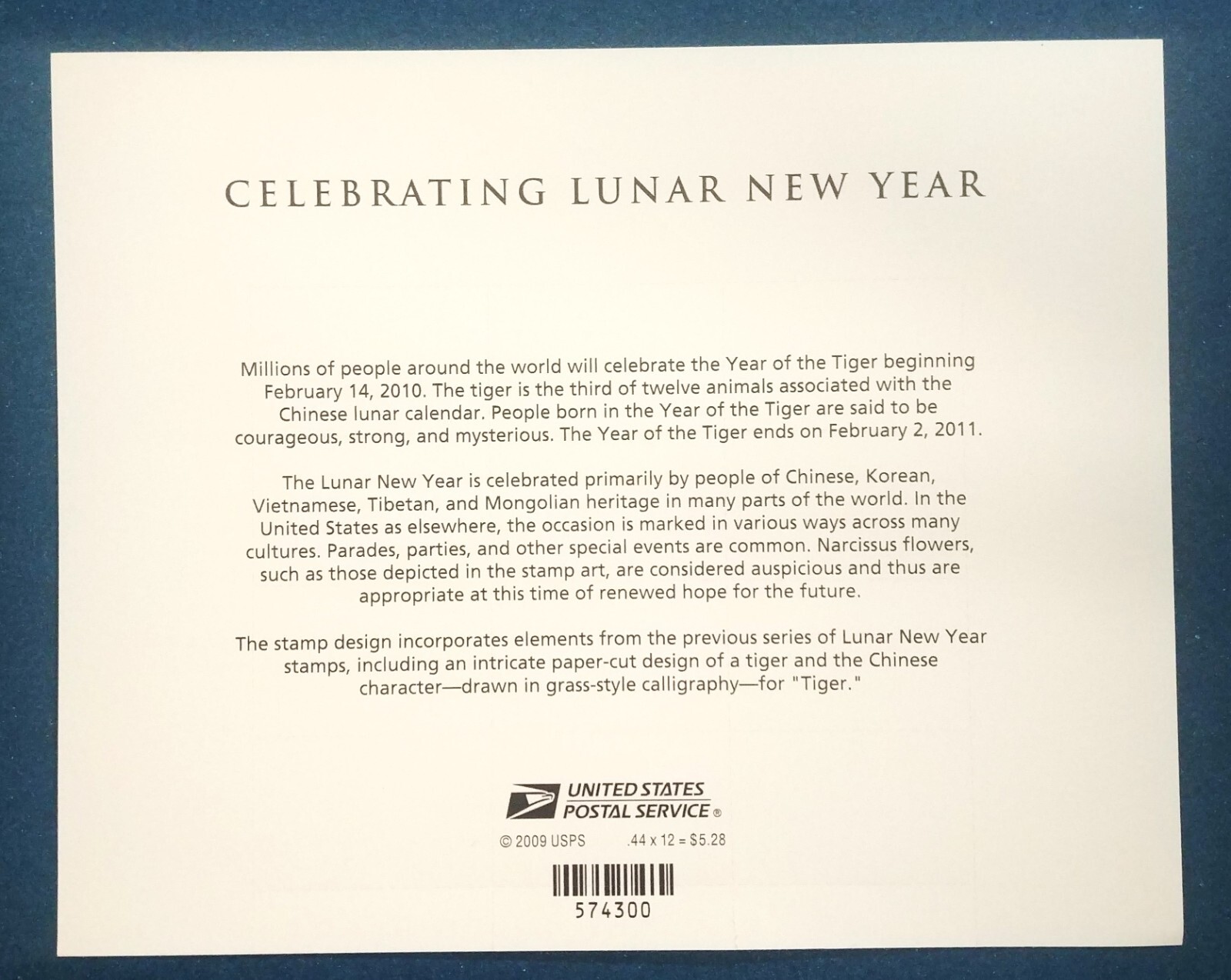 44 cent stamps Celebrating Lunar New Year sheet pane of 12 Year of the Tiger