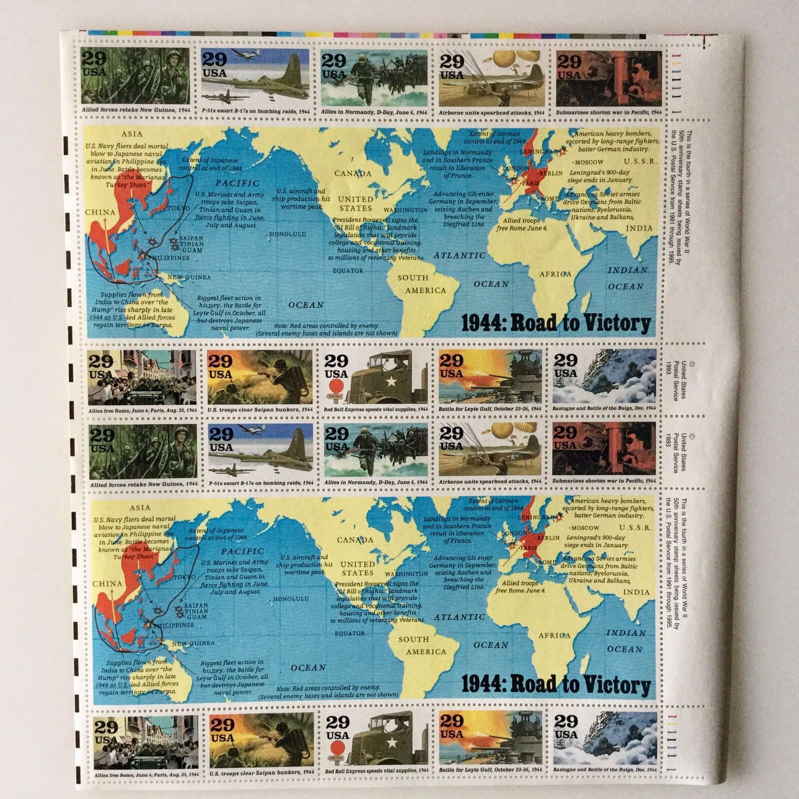 1944:ROAD TO VICTORY UNITED STATES, 1994 WW II COMMEMORATIVE TEN STAMPS MNH