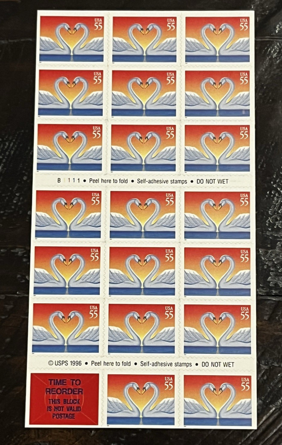 ONE Pane / Sheet x 20 stamps of Love SWANS 55¢ US Postage Stamps. USA Sc # 3124