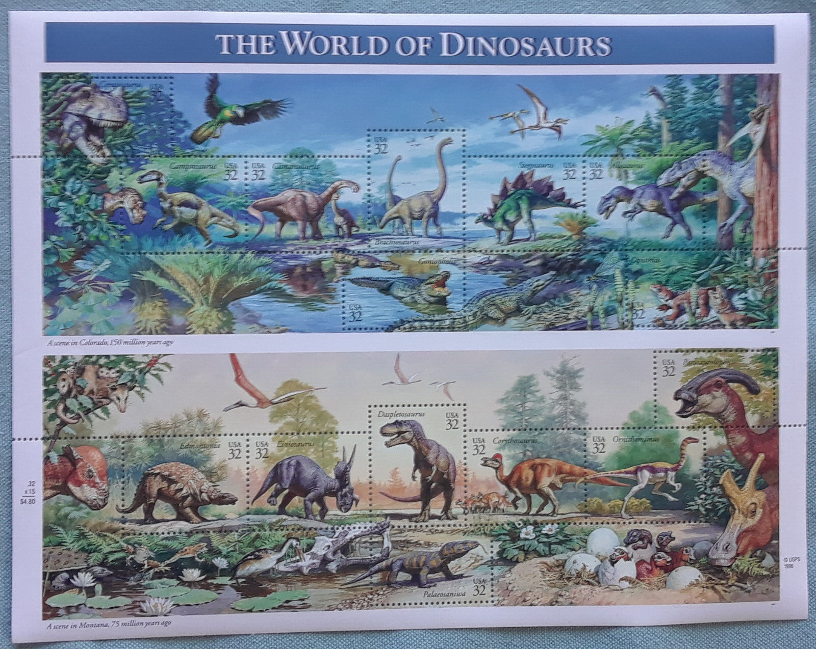Five Sheets x 15 = 75 THE WORLD OF DINOSAURS 32¢ US Postage Stamps USA Sc # 3136
