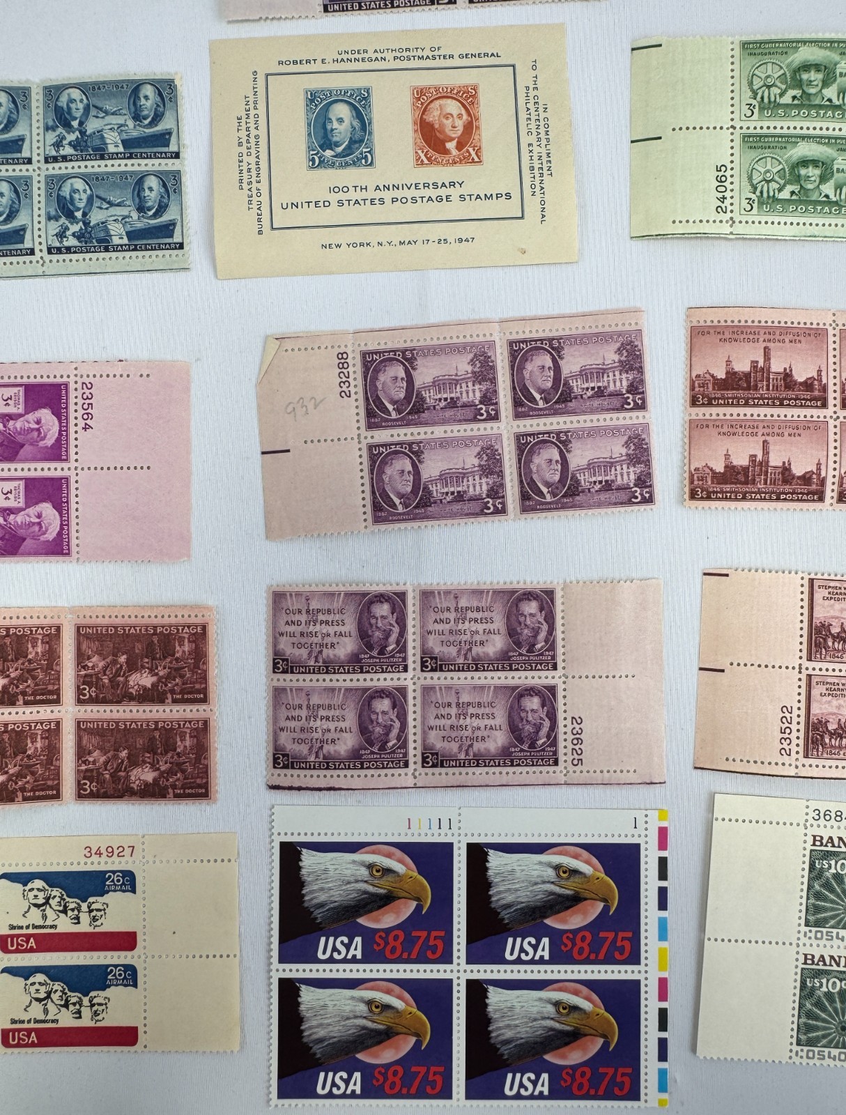 13 Mint US Plate Blocks and Souvenir Sheet Collection 1944-2000 Famous Americans