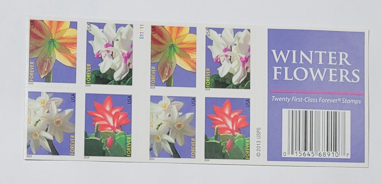 Winter Flowers stamp booklet, 20 stamps, MNH, 2014, Scott #4862-4865 Forever