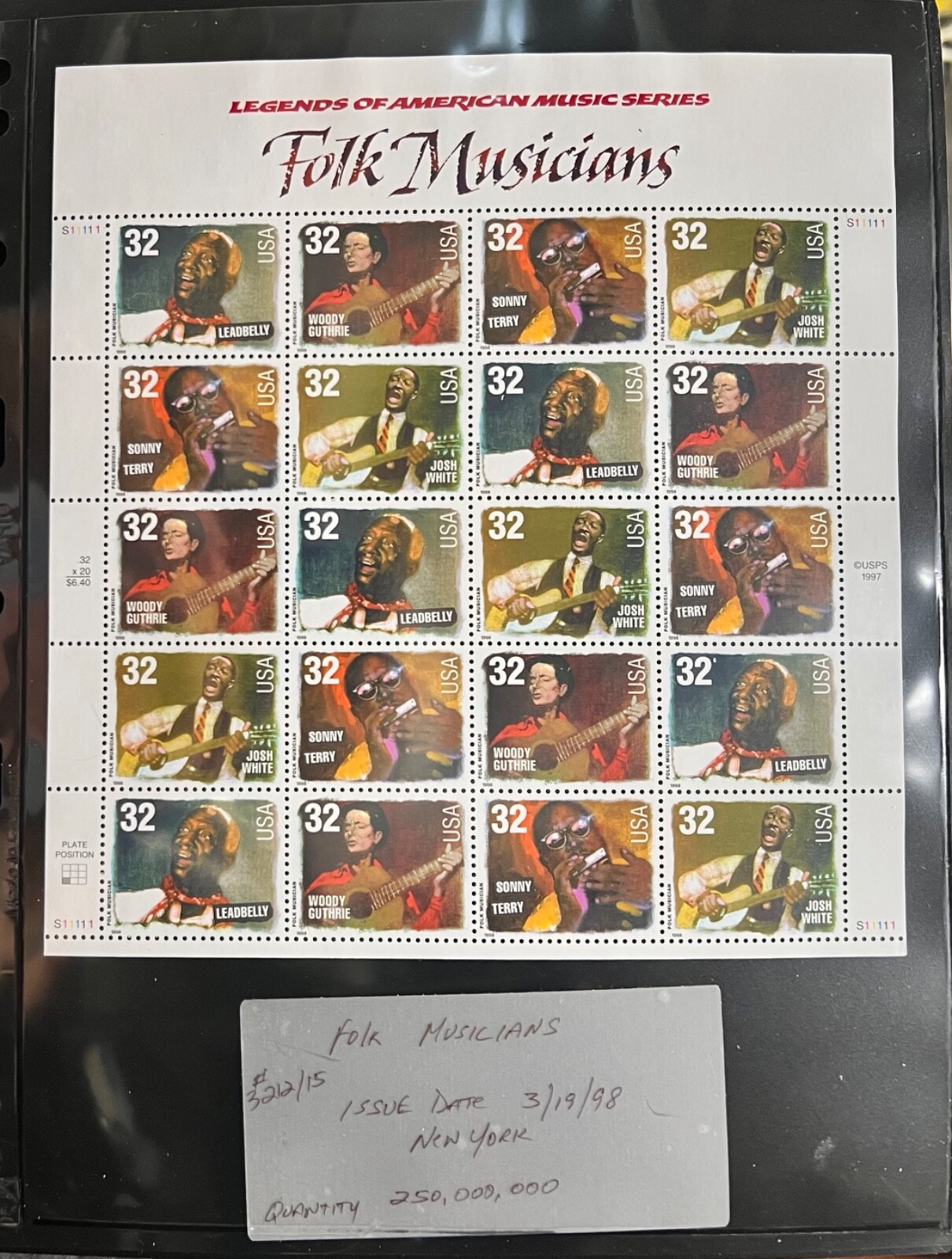 SCOTT 3212 – 3215 PANE OF 20 FOLK MUSICIANS 32 CENTS MNH