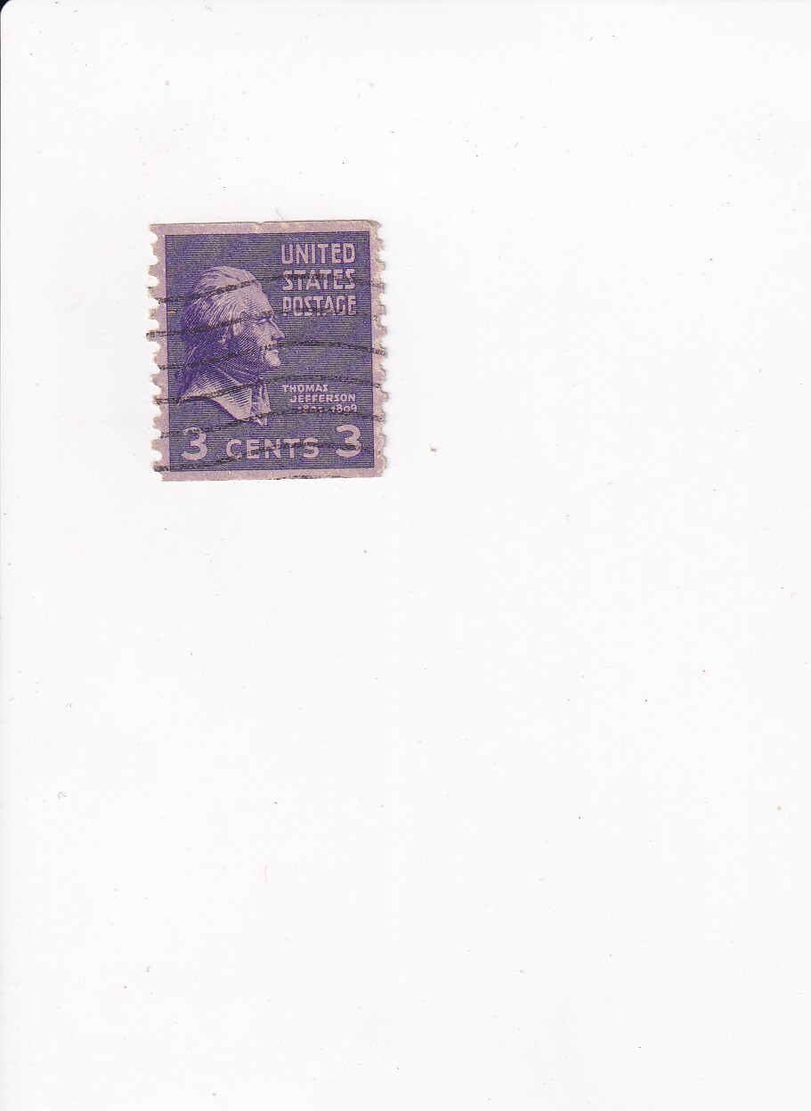 US Postage Stamp POSTMARKED PERFORATED VERTICALLY 3 CENTS THOMAS JEFFERSON (#1)
