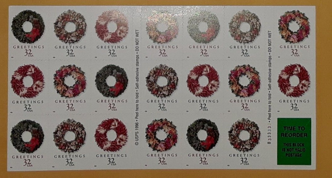 TWO x 20 = 40 of Christmas GREETINGS Wreath Designs 32¢ US Stamps Sc # 3249-3252