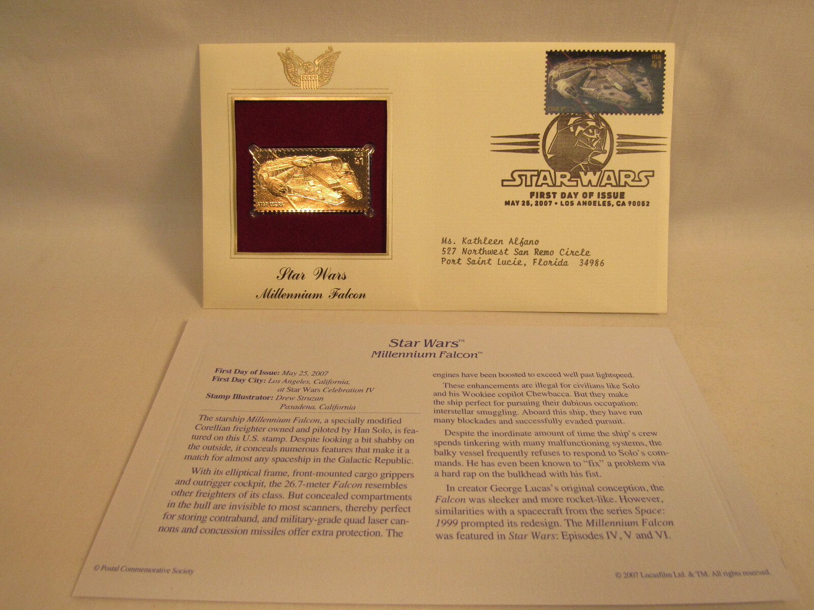 Millennium Falcon Star Wars Disney 22KT Gold Stamp 1st Day USPS