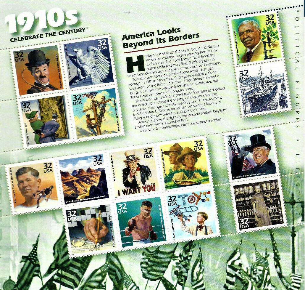 3183 Celebrate Century 1910’s Postage Stamps Sheet 32¢ Chaplin Panama Canal WWI