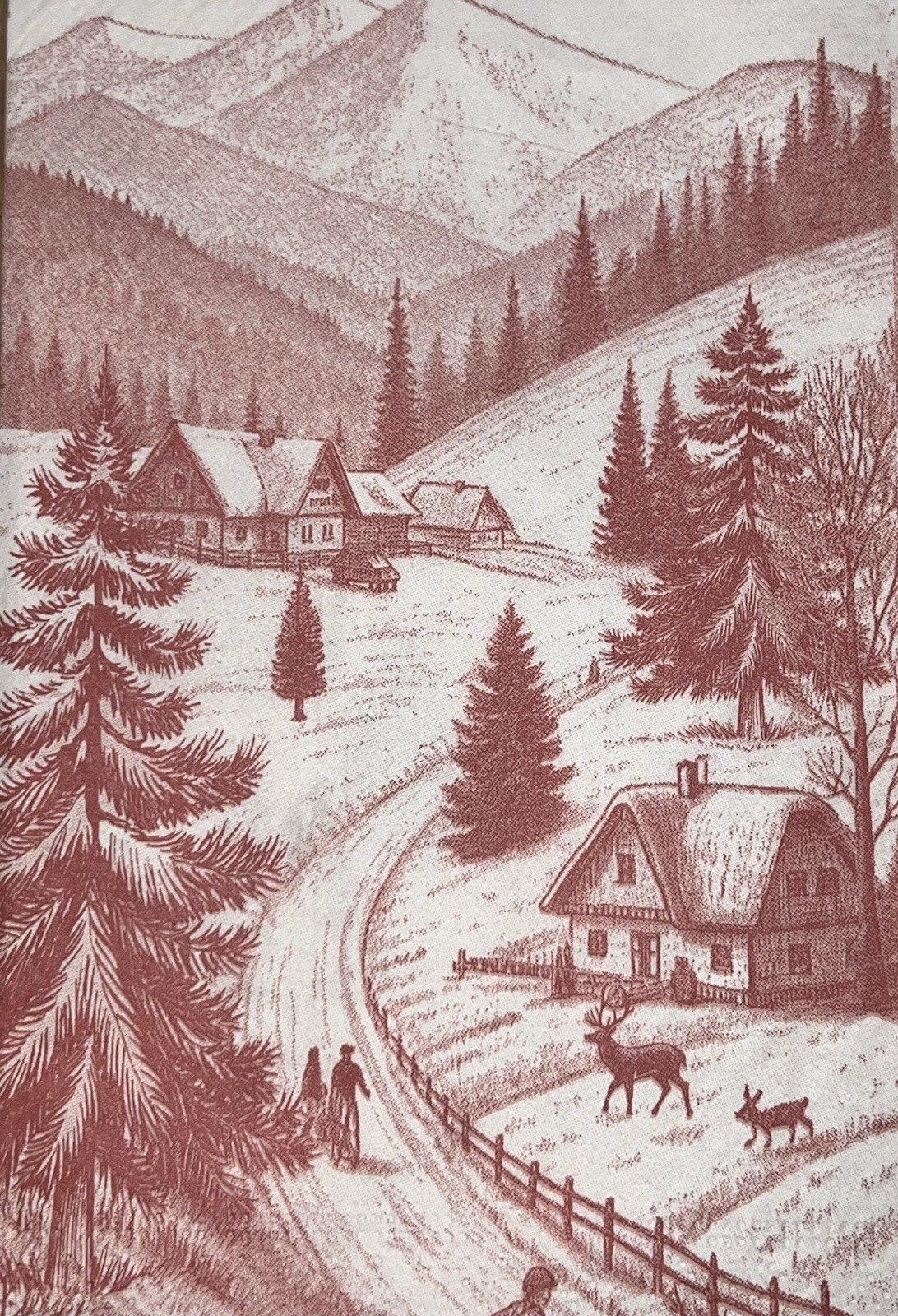 Two Individual paper dinner Decoupage Napkins Red Toile Winter Trees /deer