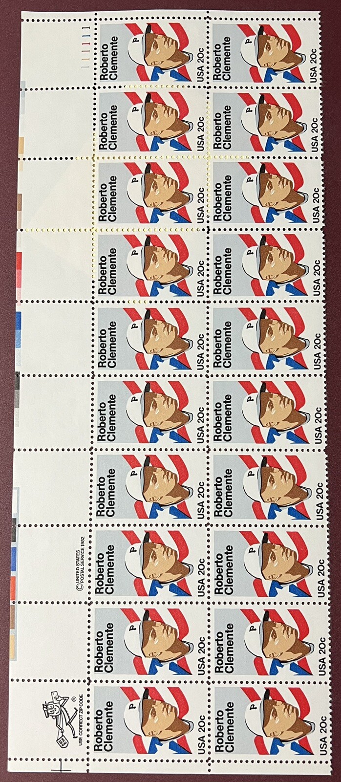 Roberto Clemente – Scott 2097 – Plate block strip of 20 stamps – Free Shipping