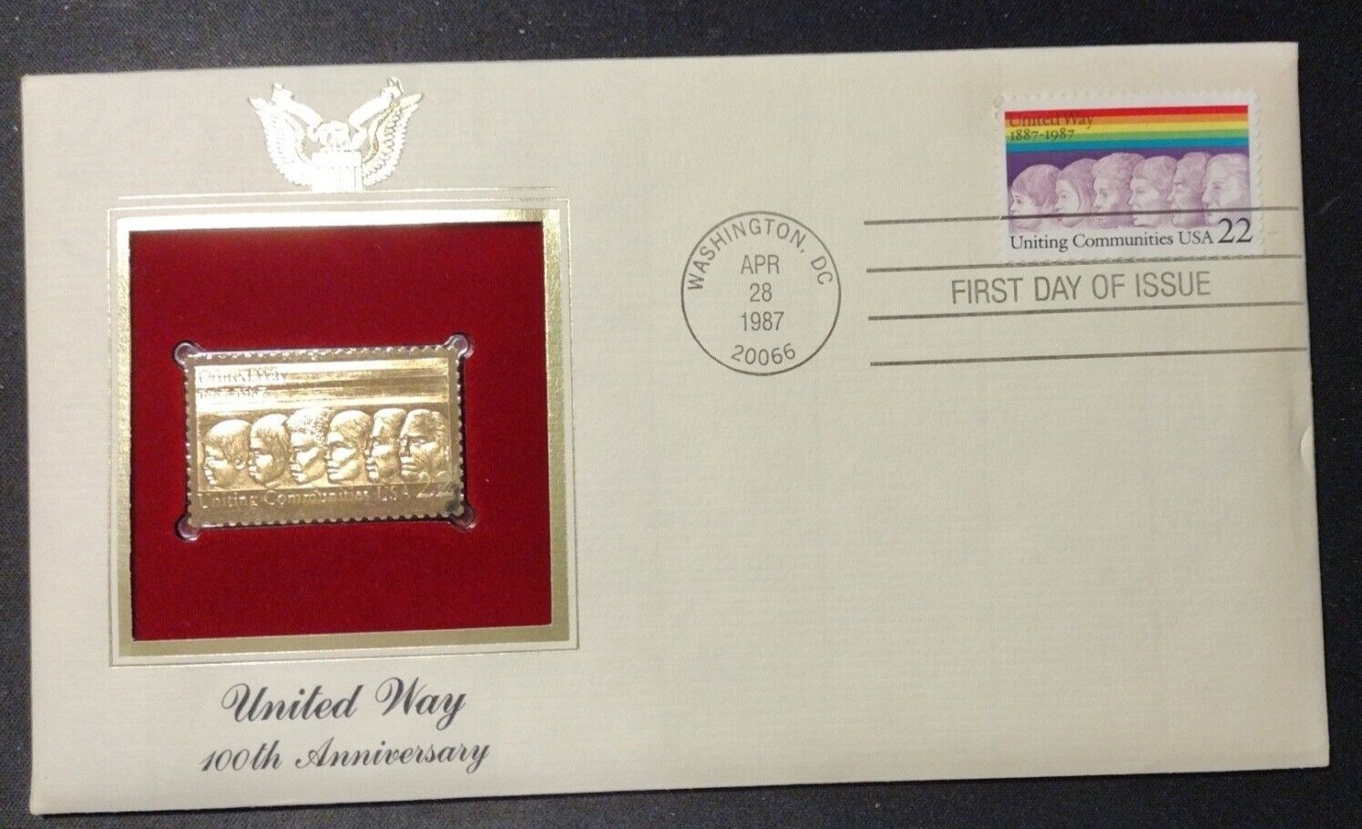 1987 FIRST DAY ISSUE 22 CENT STAMP GOLD United Way 100th Anniversary