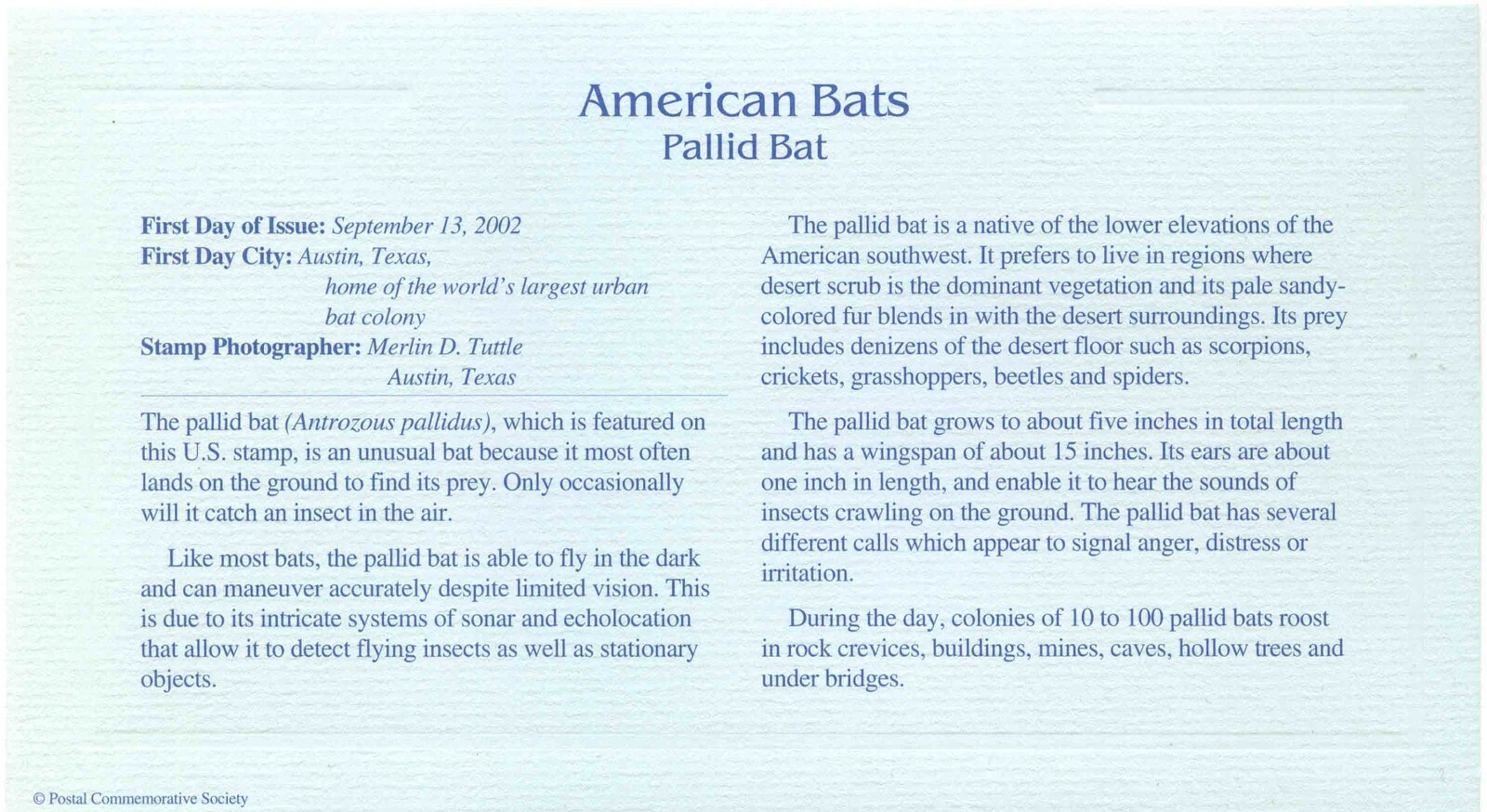 First Day Of Issue Sep 13 2002 Austin TX 22kt Gold Replica Pallid Bat