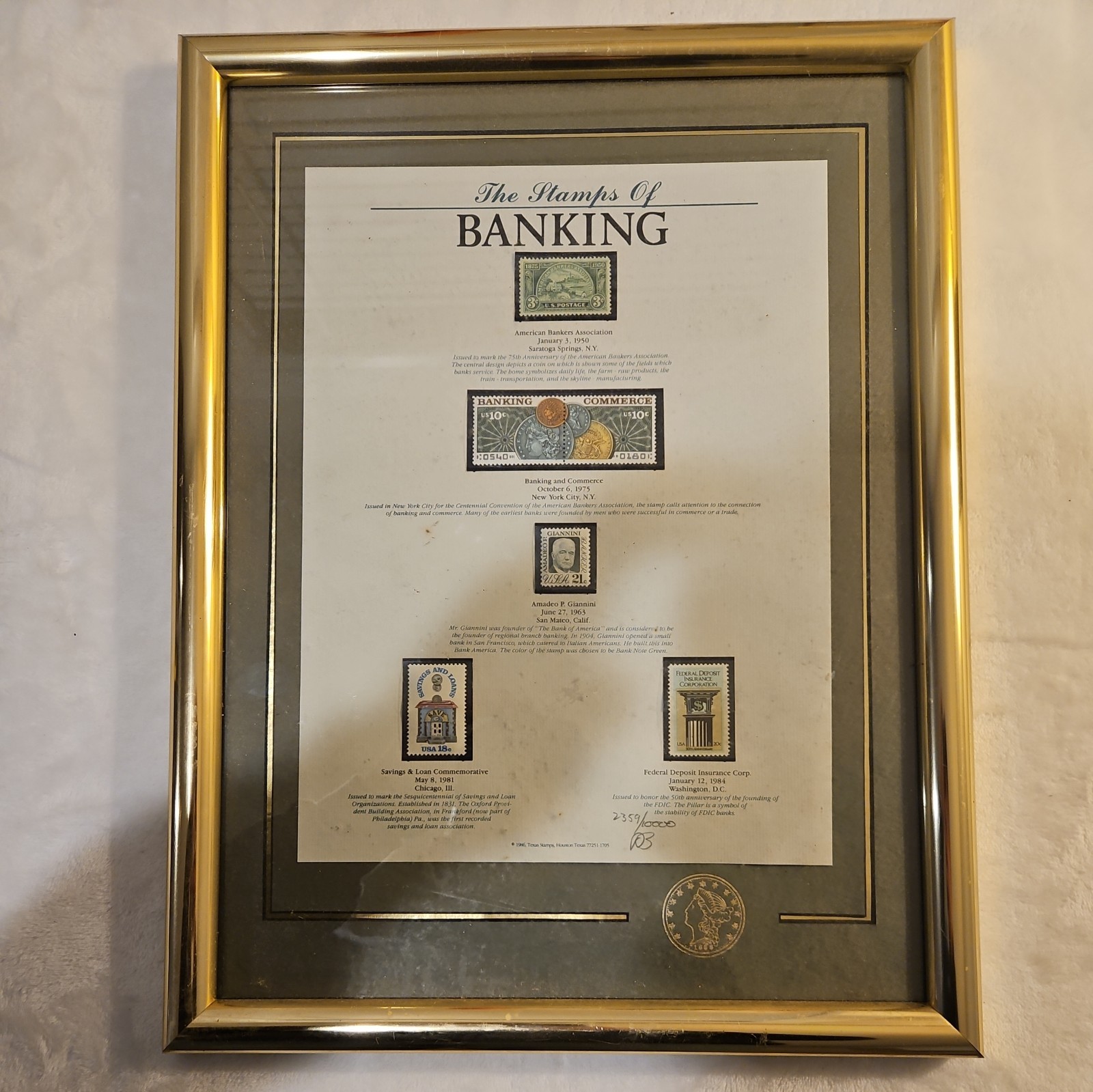 1986 The Stamps Of Banking Framed And Numbered 2359 Of 10000